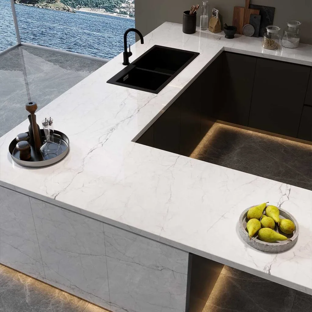 White quartz countertops with Expert Stone in London for elegant, durable kitchen surfaces.